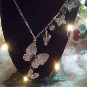 Womens Butterfly Necklace Pink Clear Crystals w/ gift box